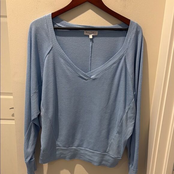 Michael Stars Blue Thermal Long Sleeve Relaxed  deep V-neck size Large - Picture 1 of 9